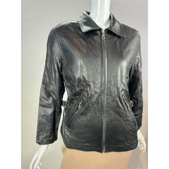 Laura Leigh Vintage Leather Biker Jacket Size Large Black Zip Front and Pockets - Picture 14 of 16